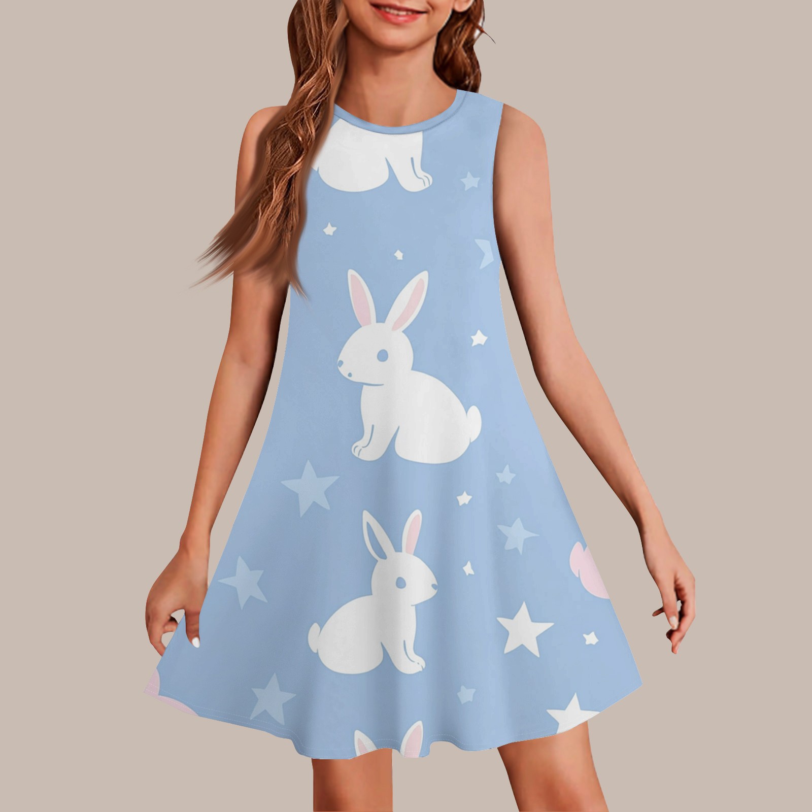 HAJWOH Toddler Girls Easter Dresses Bunny Egg Print Sleeveless Spring Dress Cute Crewneck Mini Dress Casual Soft A-Line Dress Blue 11-12 Years